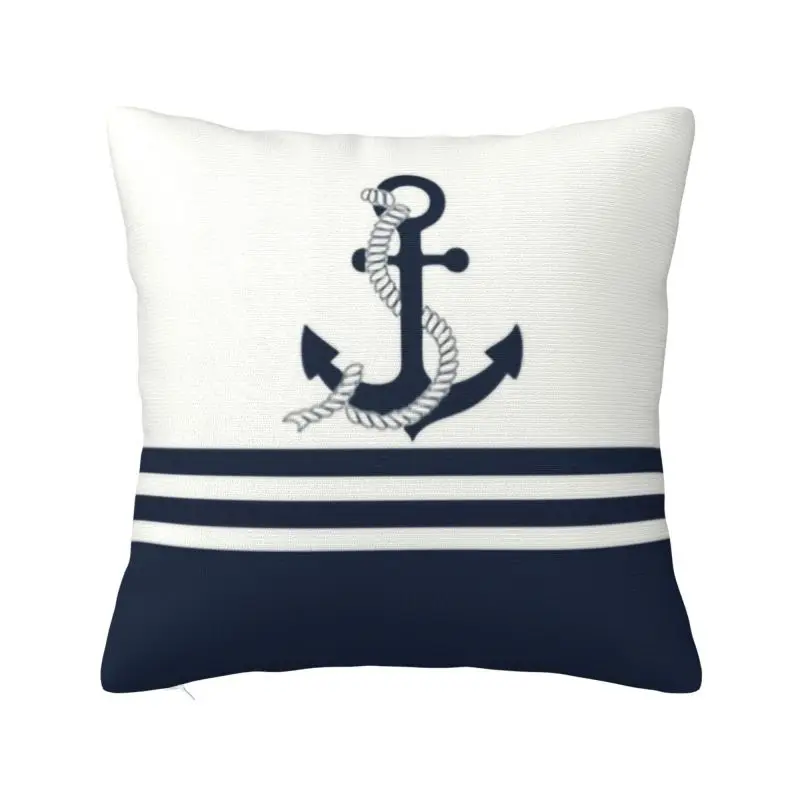 Custom Navy Blue Stripes Nautical Anchor Boat Cushion Cover Home Decorative Print Throw Pillow for Sofa Double-sided