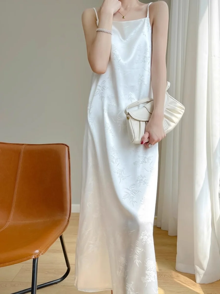 Ele soie Satin longue Dr femmes été nouveau Sle t-shirt acétate broderie Strapl a-ligne robe Ele Sensation minceur