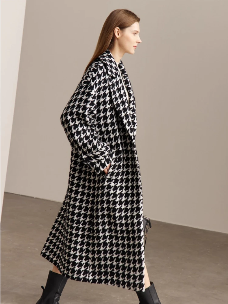 

AMII женская куртка пальто 2025 зимнее новое теплое шерстяное пальто в клетку с длинными лацканами женское смешанное свободное женское модное пальто 12324116