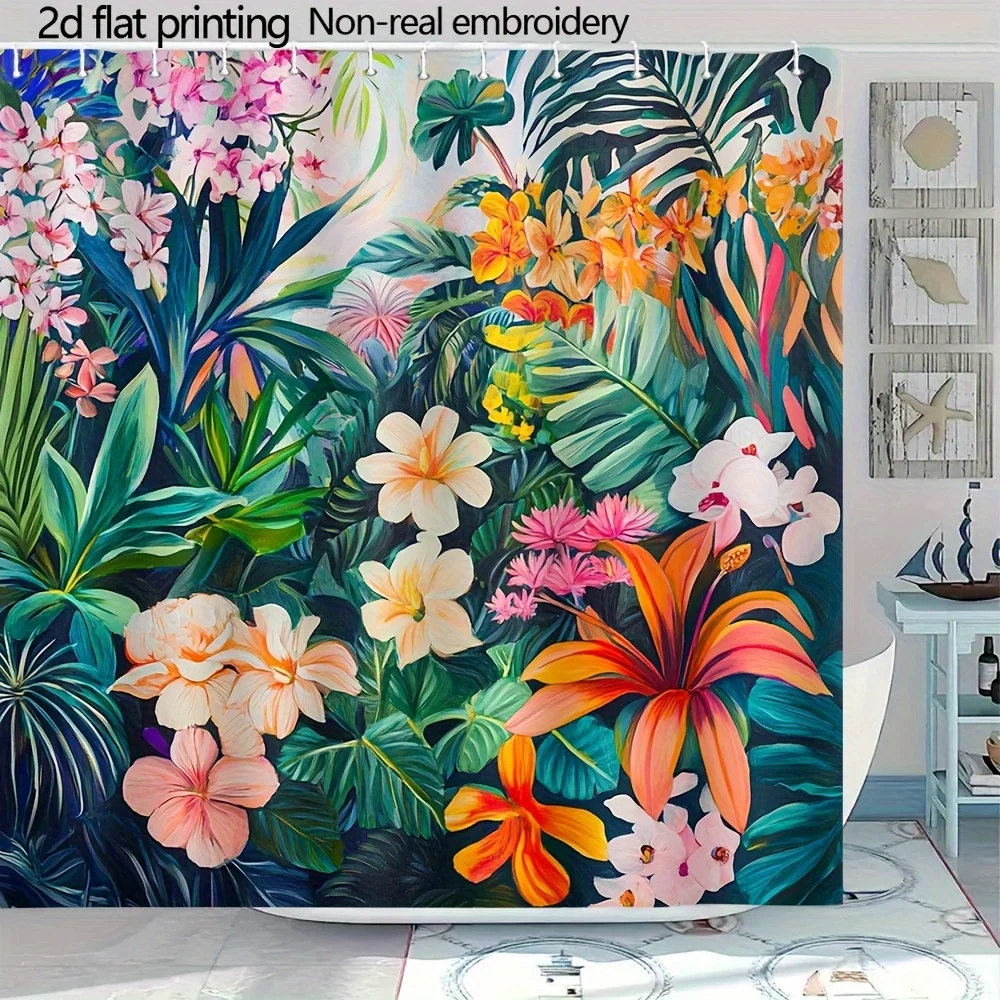 

tropical jungle shower curtain with vibrant flowers and lush leaves for exotic Free Hooks Included Elevate Your Space QuickSetup
