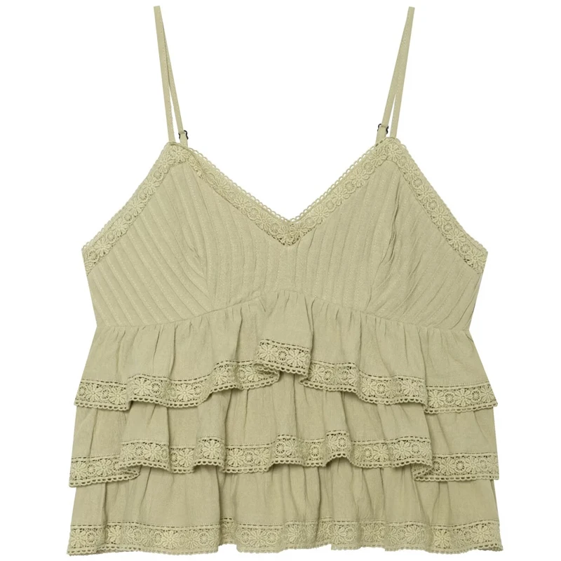 HXAO 2026 Woman Slip Ruffle Top Sleeveless Corset Tanks Top Women Summer Embroidered Layered Crop Tops Backless Beach Cami Top