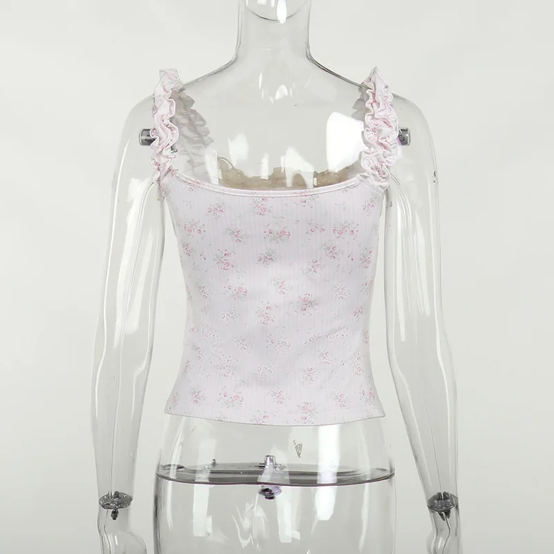 Pequena flor impressão vintage fairycore camiseta feminina rosa y2k estética magro ajuste básico doce kawaii retro 2000s casual colheita topos