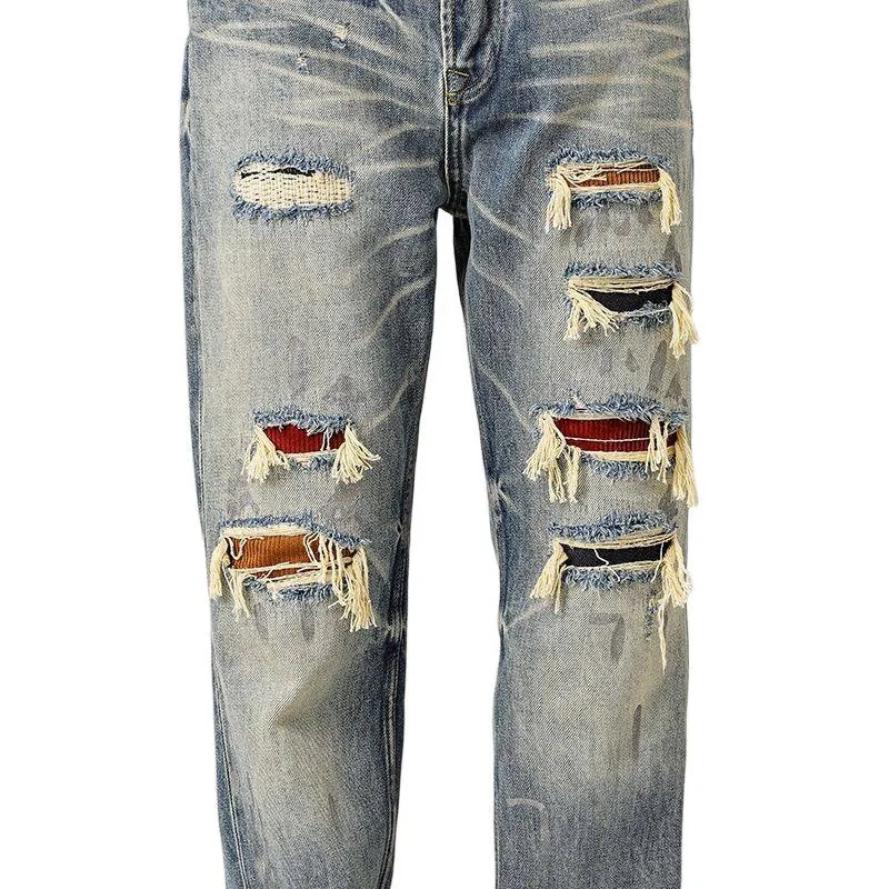 بنطال جينز ريترو وسيم للرجال مع تصميم رقعة ممزقة وكشط ثقيل الوزن مغسول وفضفاض بأرجل مستقيمة