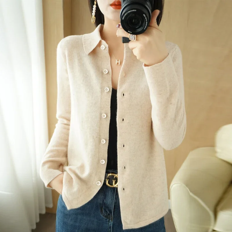 Spring/Autumn Cashmere Sweater Women's Cardigan Sweater Coat Shirt Collar Cashmere Cardigan