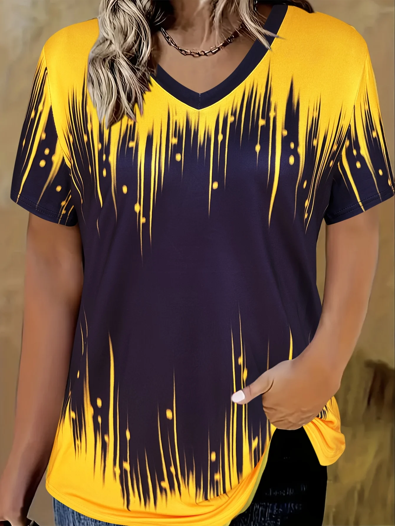 T-shirt da donna estiva casual elegante scollo a V a maniche corte top sfumato allentato abbigliamento casual T-shirt da donna Y2K