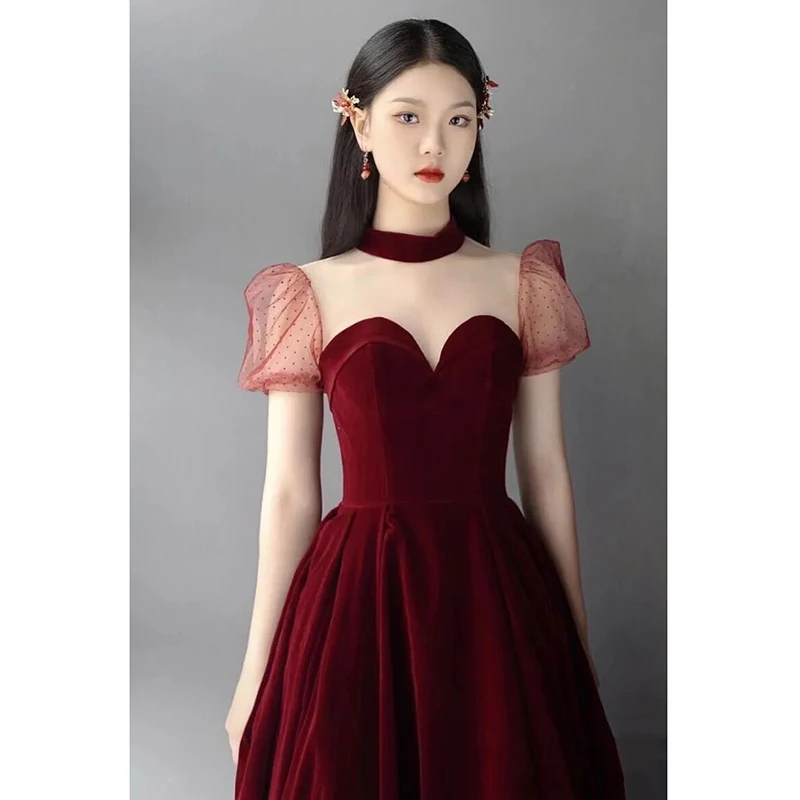 

Red Wedding Dr Women's ort Sve High Waist Floor Length Korean Sle Embroidery U-Neline Bridal Gown for Engagement ...