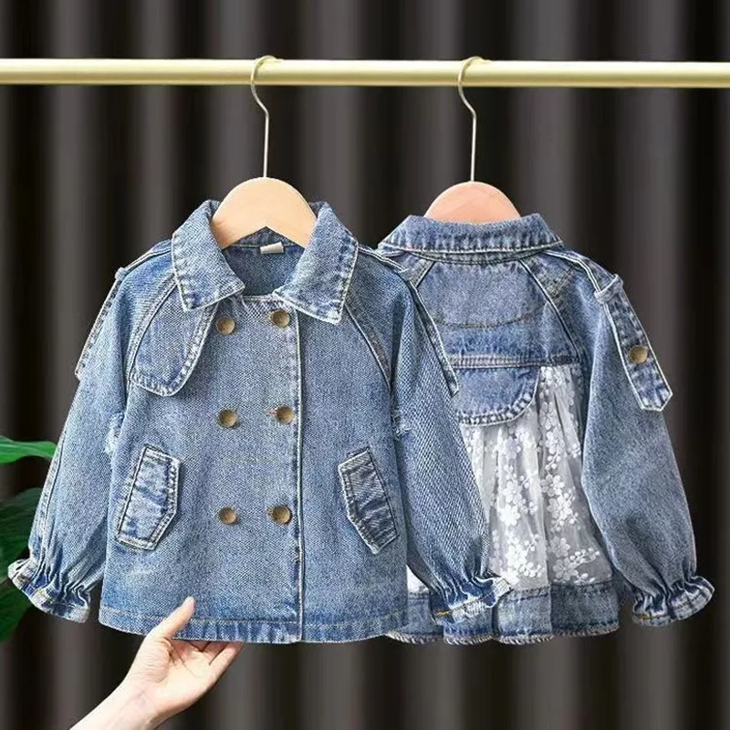 

Girls Outerwear Spring And Autumn High-end Children's Clothing 2023 New Girls Fashionable Denim Clothes Girls Lace Tops Kids
