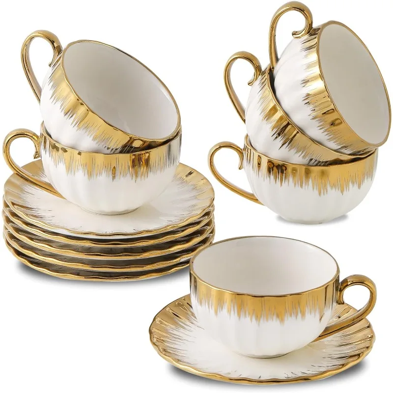 

Cappuccino Cups with Saucers, Ceramic Coffee Cup with Gold Trim, 6 oz for Double Espresso, Latte, Cafe Mocha, Tea,Set of 6