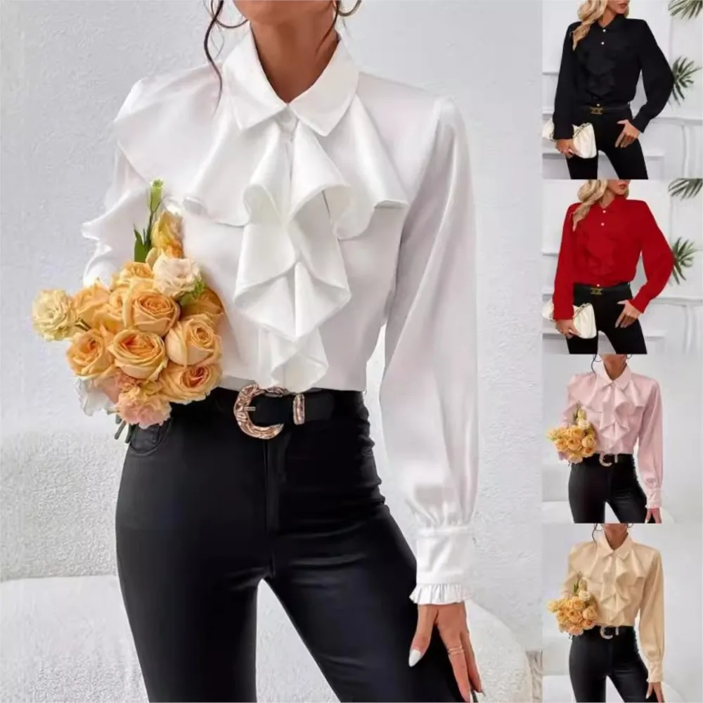 Spring Autumn Fashion White Ruffled Elegant Blouse Top Women New Long Sleeve Lapel Woman Shirt Solid Office Ladies Loose Tops