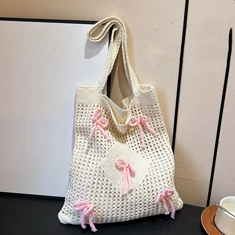 Fashion Sweet Bow Knitted Hollow Out Tote Bag Torba na zakupy o dużej pojemności Damska szydełkowa torba na ramię Dorywcza torebka pod pachę