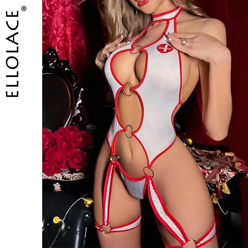 

Ellolace Sissy Sexy Female Lingere Nurse Cosplay Hollow Bodysuit Headband 2PC Set Cure Attractive Rings Halloween Body Thong Kit