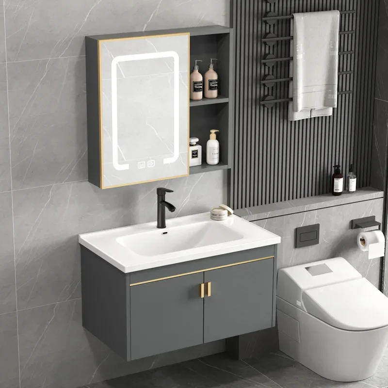 Space Aluminum Washbasin Cabinet Combined Bathroom Bathroom Cabinet Integrated Ceramic Basin Washbasin Sink Smart Mirror Cabinet
