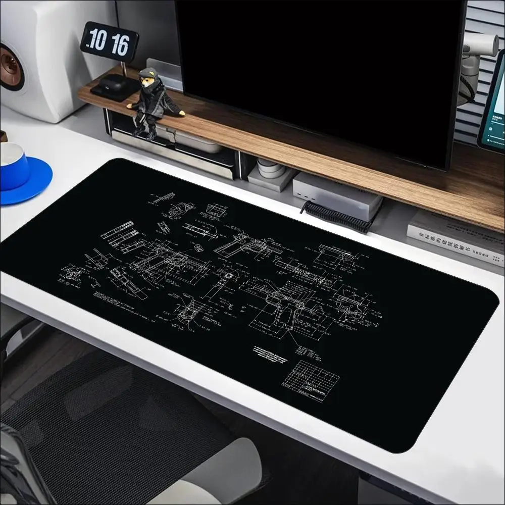 Blueprint Mechanical Sketch Large Mouse Pad Non-Slip Rubber Stitched Edges Print Desk Mat Gaming Setup Office Workspace