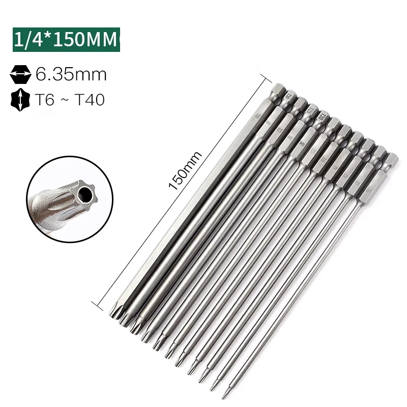 Imagem -06 - Conjunto 150 mm Comprimento Hex Shank Estrela Magnética Torx Chave de Fenda Bit t6 para T40 com Furo para Desparafusar Ferramentas Manuais 11 Peças