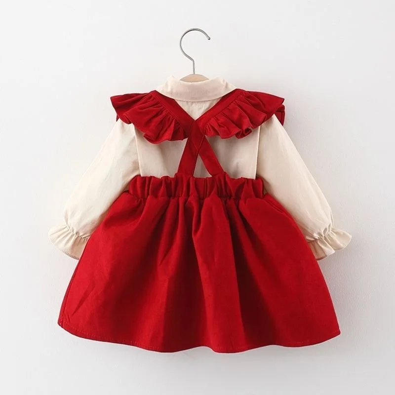 2 Pcs New Autumn Spring Baby Girl Bow Dresses Girls Long Sleeve Pure Cotton Newborn Birthday Dress Beige T-shirt and Red Dress