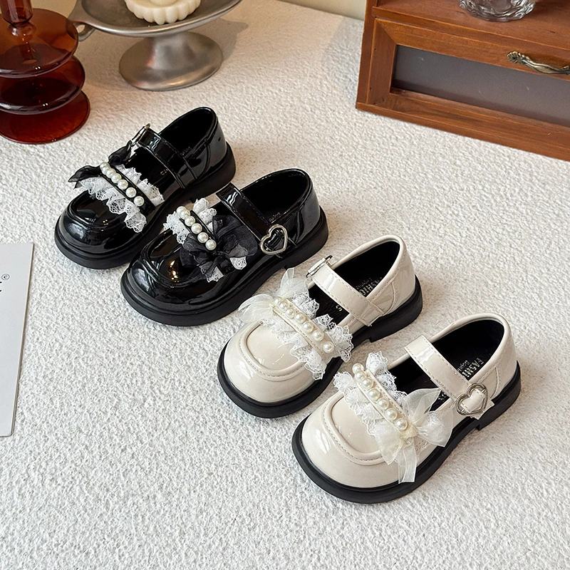 

Осенние туфли принцессы для девочек, милые детские кожаные туфли с круглым носком и липучками на крючках, черные, бежевые, массивные повседневные детские туфли с жемчугом