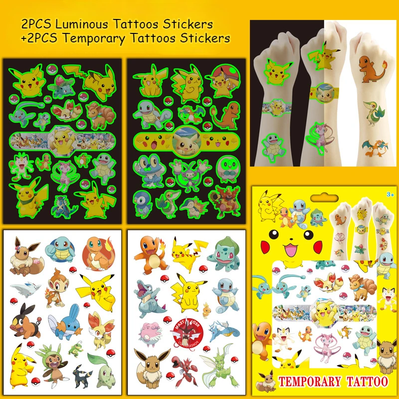 4Sheets Pokemon Luminous Tattoos for Kids Pikachu Temporary Tattoos Stickers Boys Girls Glow Party Supplies Gifts for Children