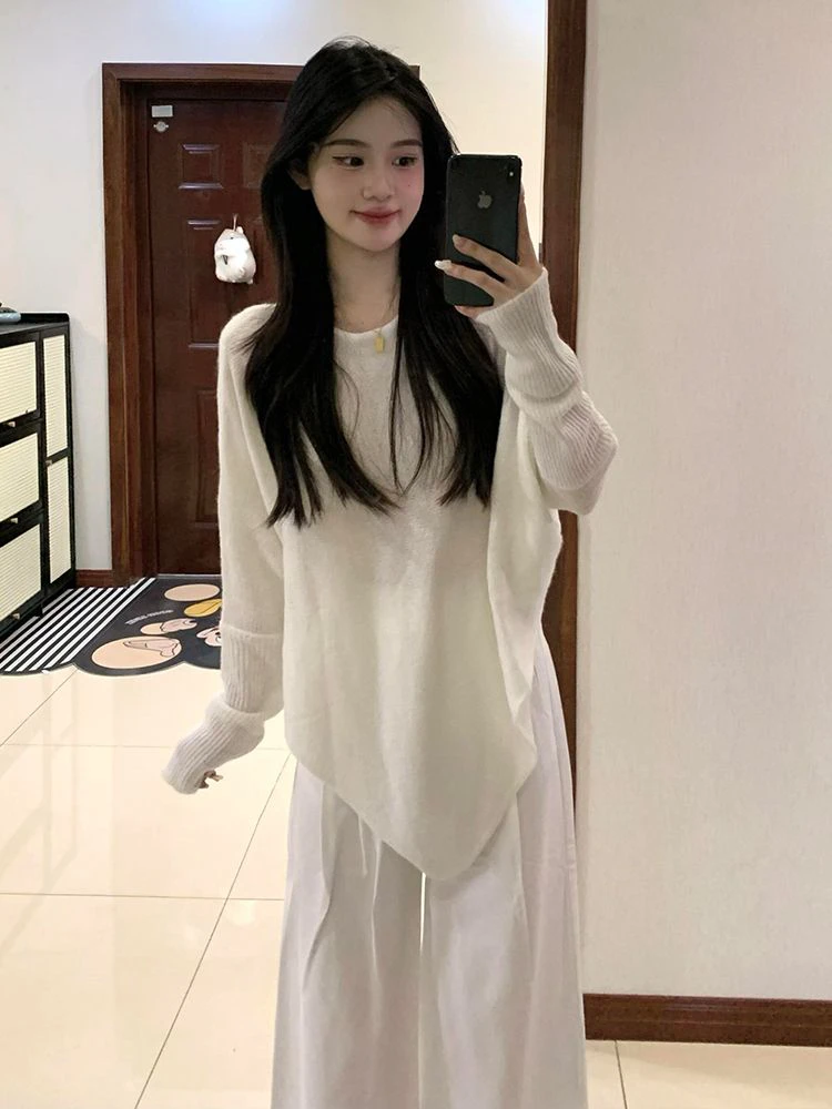 

White Batwing Sve Knitted Sweater Women's Loose Fit Asymmetrical Top Comfortable Lazy Sle Faionable Autumn Clothing