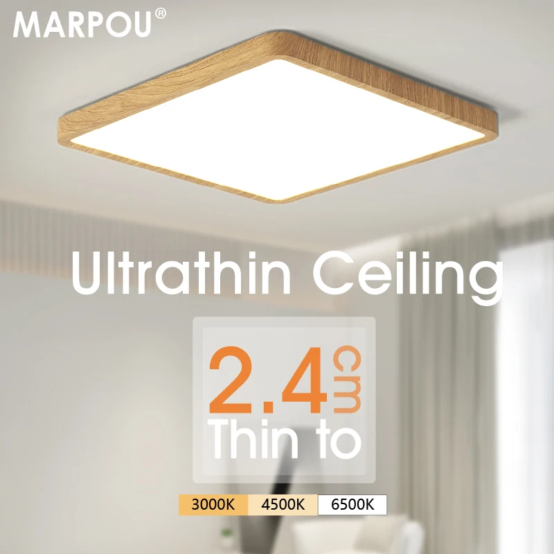 MARPOU-Luz de techo led ultrafina de 2,4 cm, lámparas de techo cuadradas de grano de madera para sala de estar, luces led de 220V y 110V para habitación y dormitorio