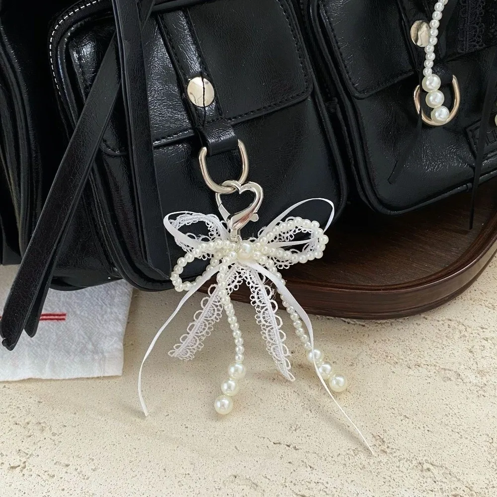 New Pearl Lace Bow Keychain Bag Decorations Removable Bag Charms Aesthetic Key Ring Girls Gifts