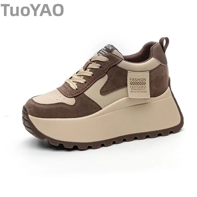 

8cm Cow Genuine Leather Women Flat Spring Vulcanize Platform Wedge High Brand Fashion Autumn Casual Chunky Sneakers Shoes