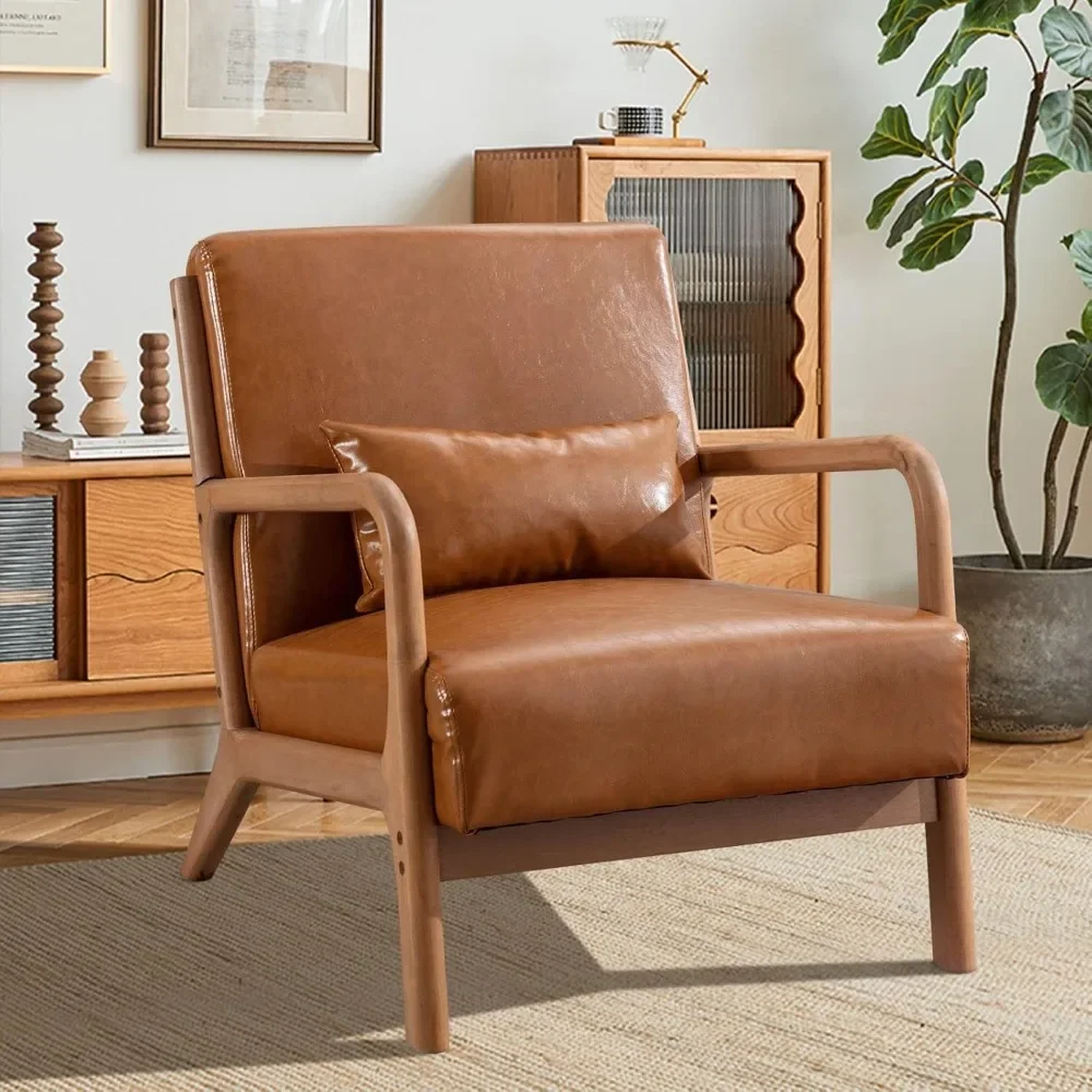 

Mid-Century Modern Style Wood Frame Armchair, PU Leather Reading Armchair with Lumbar Cushion, Upholstered Living Room Chair