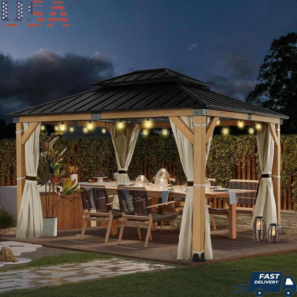 Wooden Hardtop Gazebo with Mosquito Netting Waterproof Curtains Double Layer Galvanized Steel UV Protection Durable Outdoor