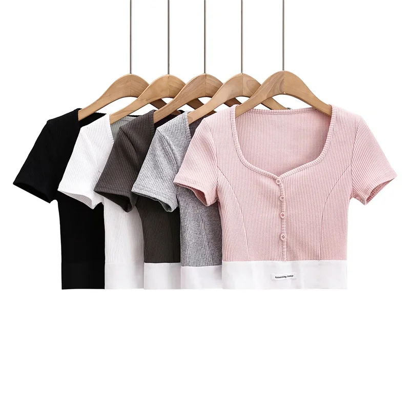 Slim Fit V-Ne T-irt Color Blo Elastic Waist Tag Long Sve ort Length Street Sle Pure Color Body a Base irt