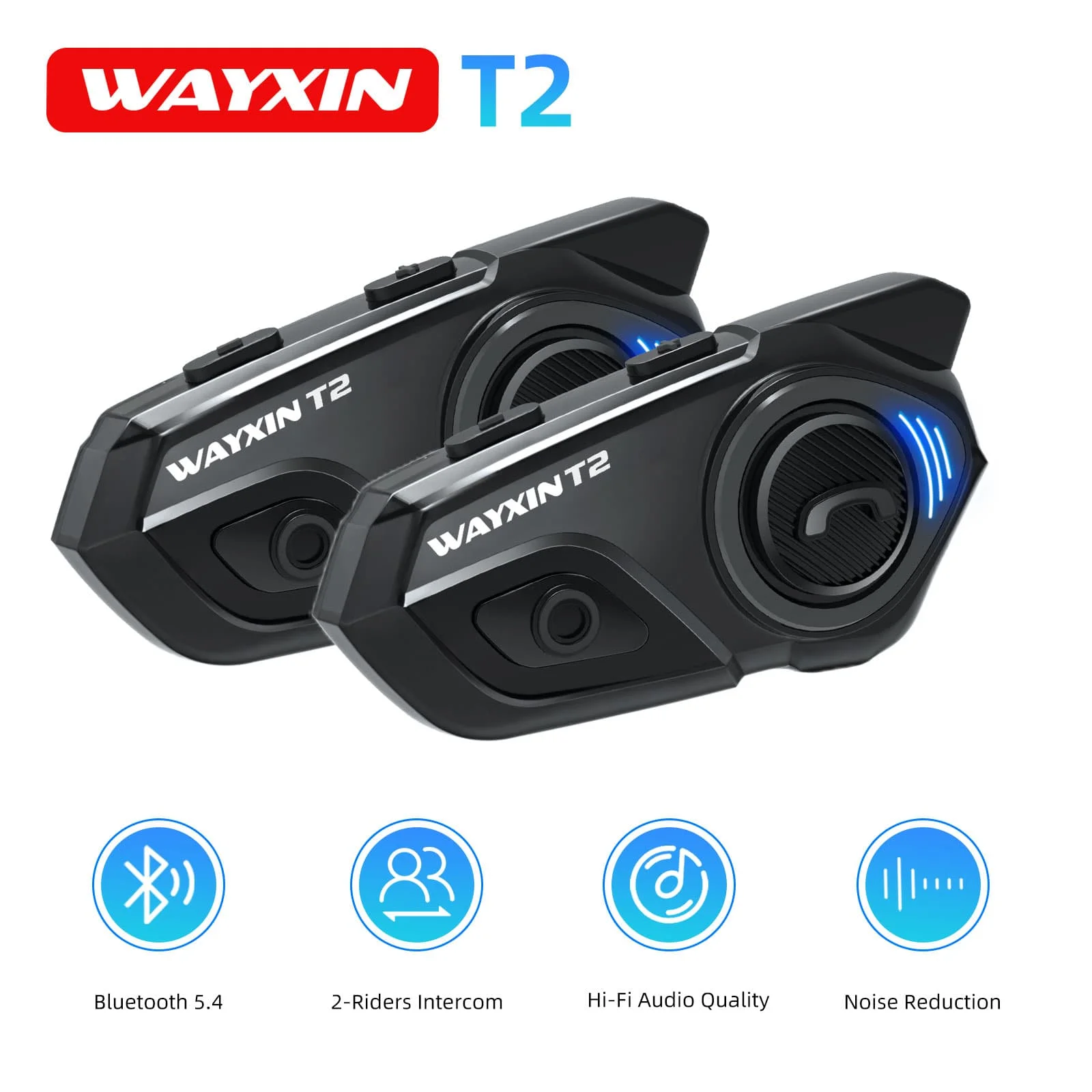 

WAYXIN T2 Motorcycle Helmet Headset For 2 Riders To 300M Intercom Headphone Motorbike Communicator Interphone Waterproof BT 5.4