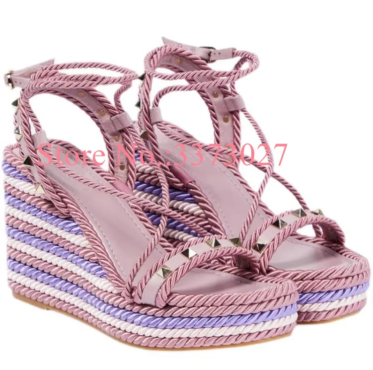 Pink Color Ropes Lady Sandals New Design Mixed Color Rivets Wedge Shoes Woman Fashion Spikes Platform Sandals Dropship