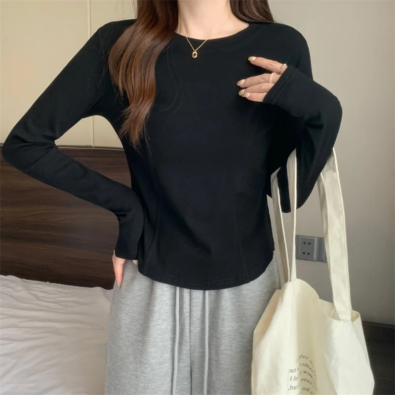 

O Neck Long Sleeve T-Shirt Women Autumn Winter New Irregular Hem Slim Casual Top Winter Solid Bottom Shirts Korean Fashion Tops