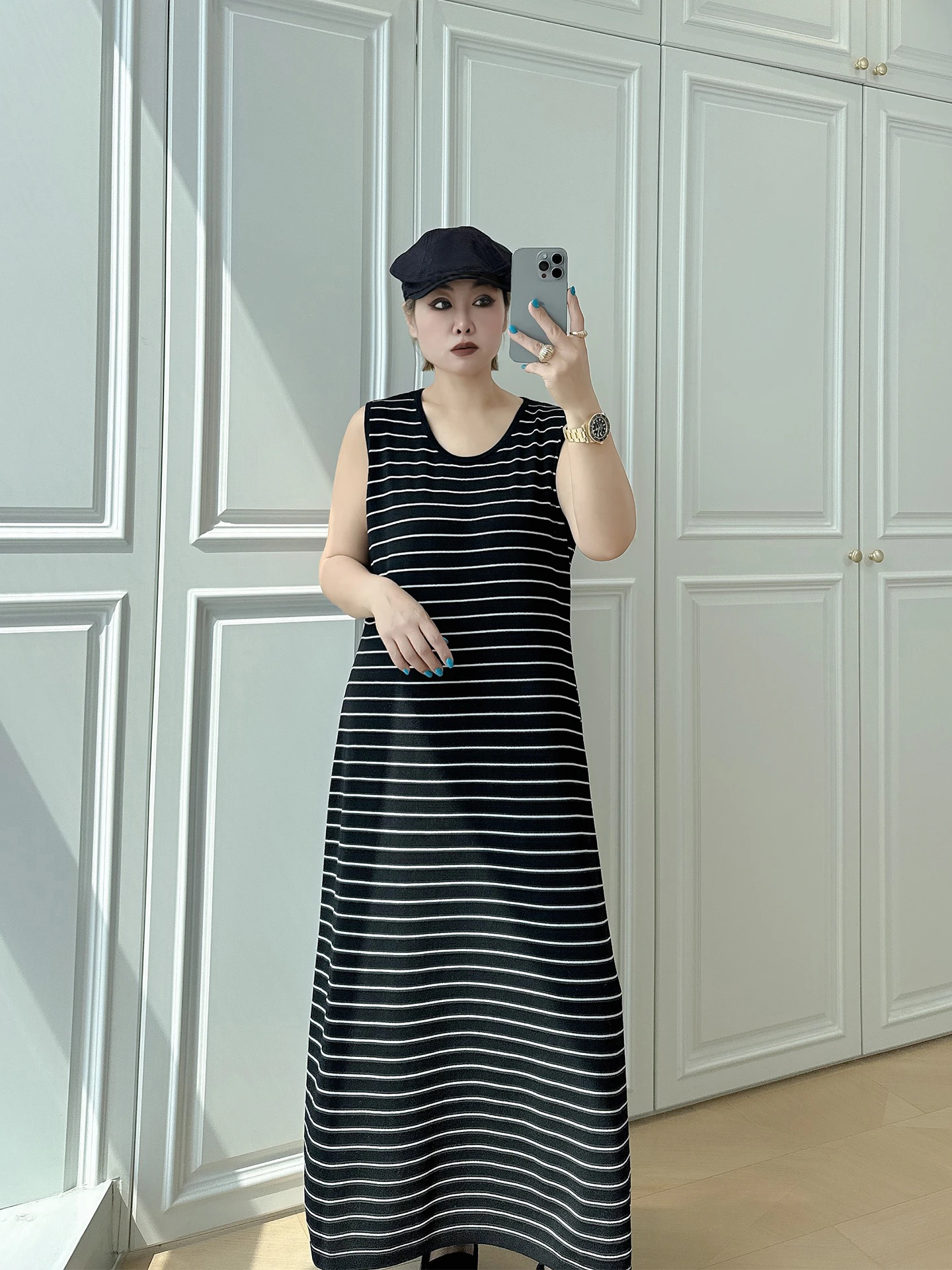 

Повседневное платье в полоску больших размеров, свободного кроя, без рукавов, скрывающее живот, для полных женщин, удобное, с завышенной талией, длинная юбка