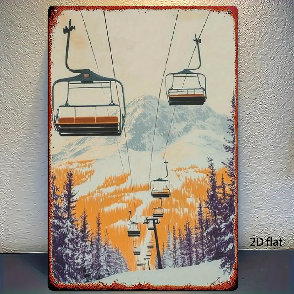 2D Flat, 2D Flat Plane, 1pc Vintage Winter Ski Lift Metal Sign - 8x12 Inch Vintage Wall Art with Snowy Mountain and Birch Tree D