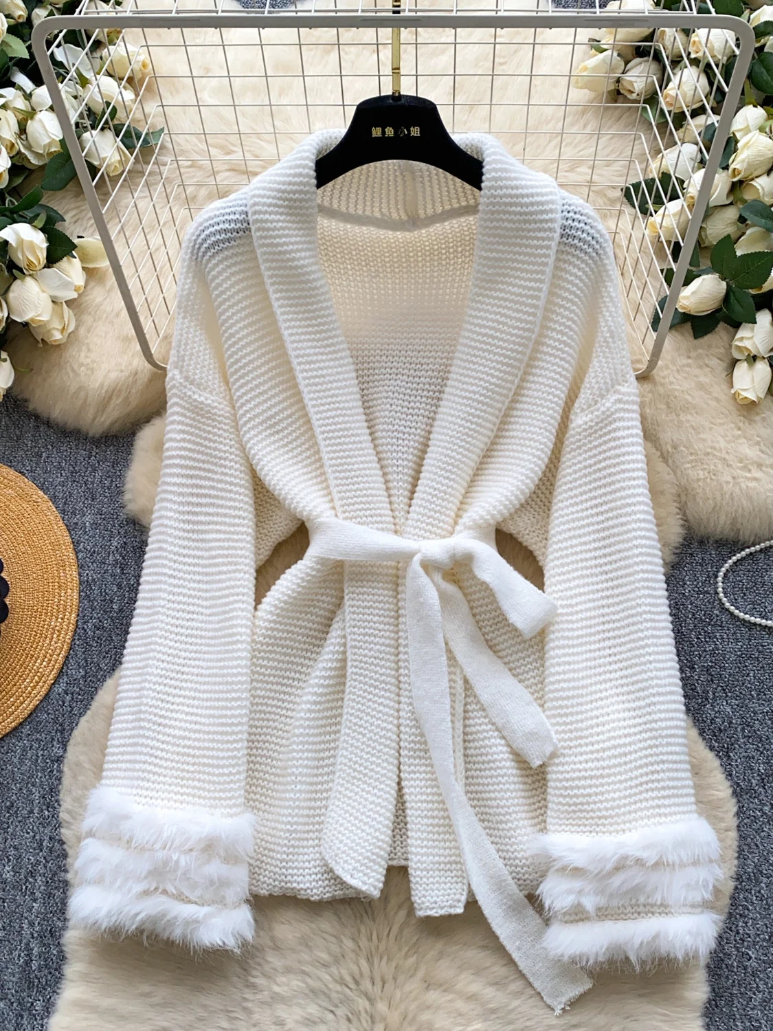 

Laid-ba Ele Knitted Jaet Women's Loose Fit Belted Collared Sweater Trendy Long Sve Warmth-Insulating Autumn Outerwear