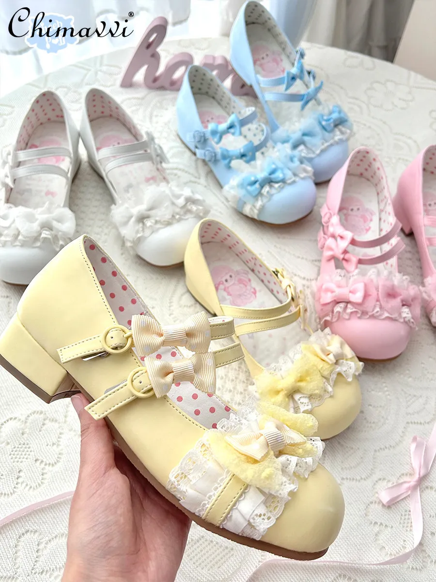

Lolita Style Sweet Bow Low Heel Single Shoes 2026 Spring New Cute Girl Women Lace Patchwork Elegant Princess Low Heel Pumps
