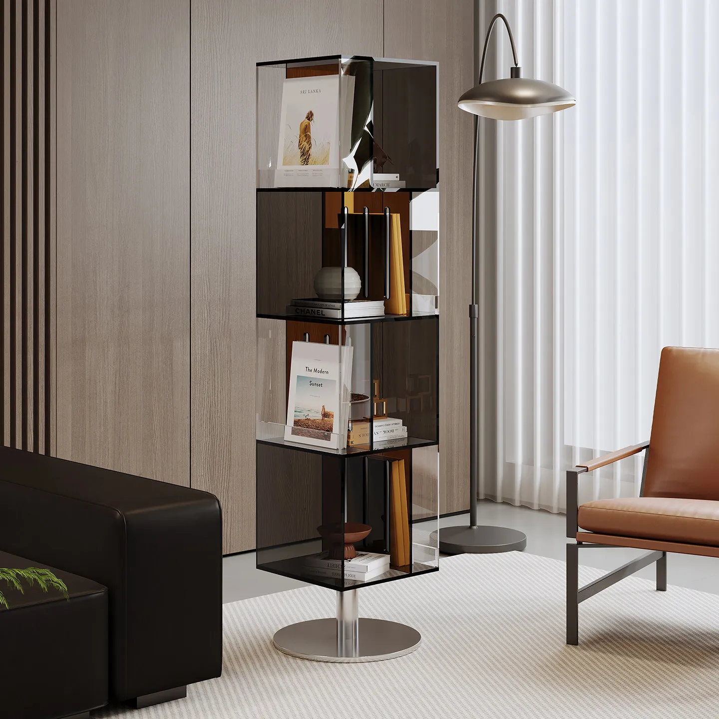 New acrylic storage rack, rotating floor-standing storage rack, living room sofa display rack, office newspaper rack