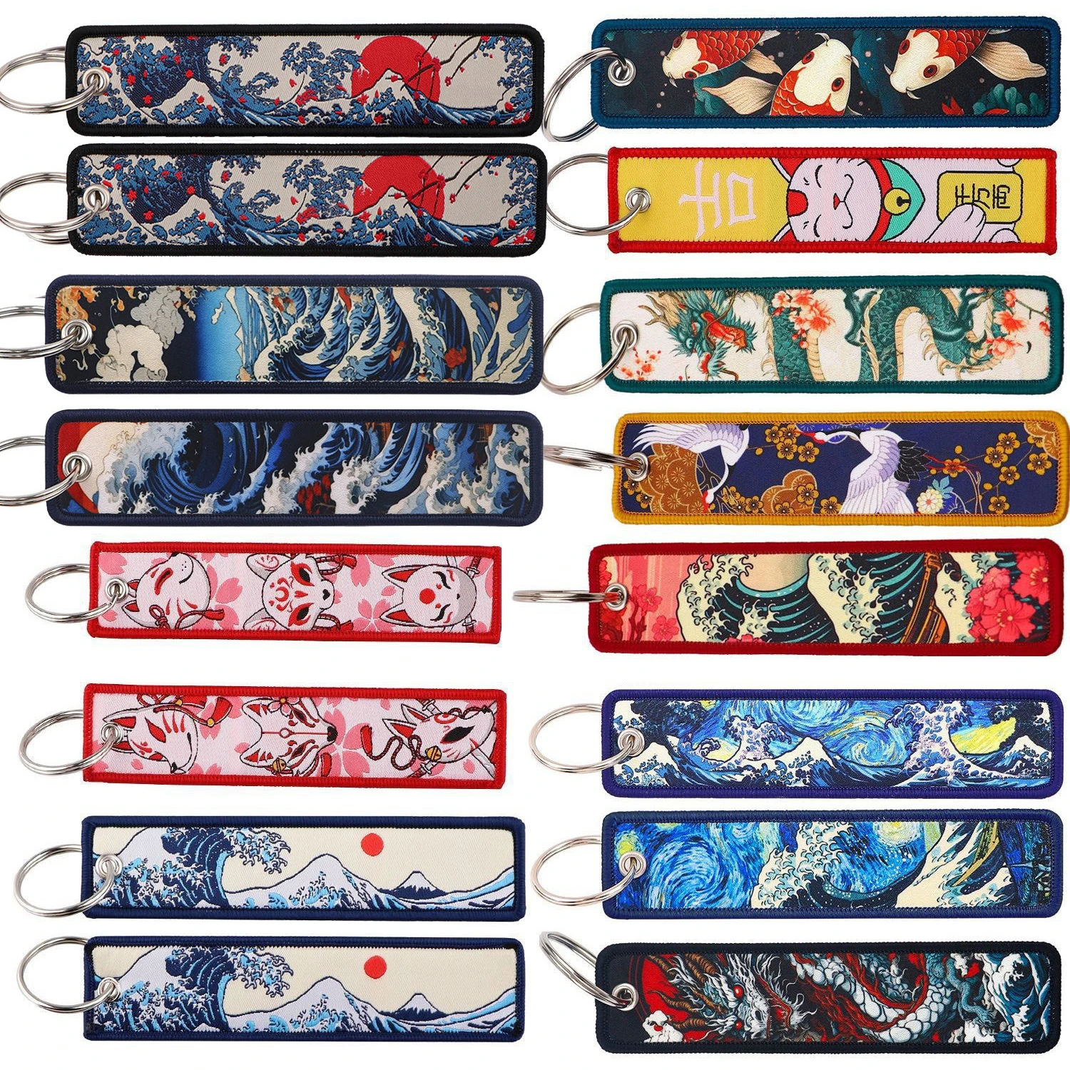 Japan Sea Wave Art Painting Embroidered Keys Tag Keychain Keyring For Motorcycle Car Backpack Fashion Key Ring Accessories Gift