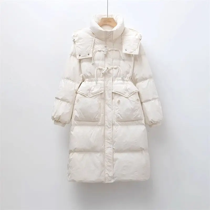 

Корейский стиль: Новая модная женская утепленная длинная зимняя куртка с капюшоном, на поясе, теплая, для повседневной носки, стандартный крой рукавов