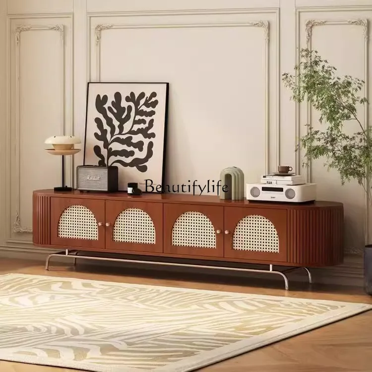 02-خزانة تلفزيون من الخشب الصلب الروطان شقة صغيرة إسكندنافية لغرفة المعيشة خزانة تلفزيون فرنسية من القرون الوسطى خزانة منزلية خزانة صوتية وبصرية