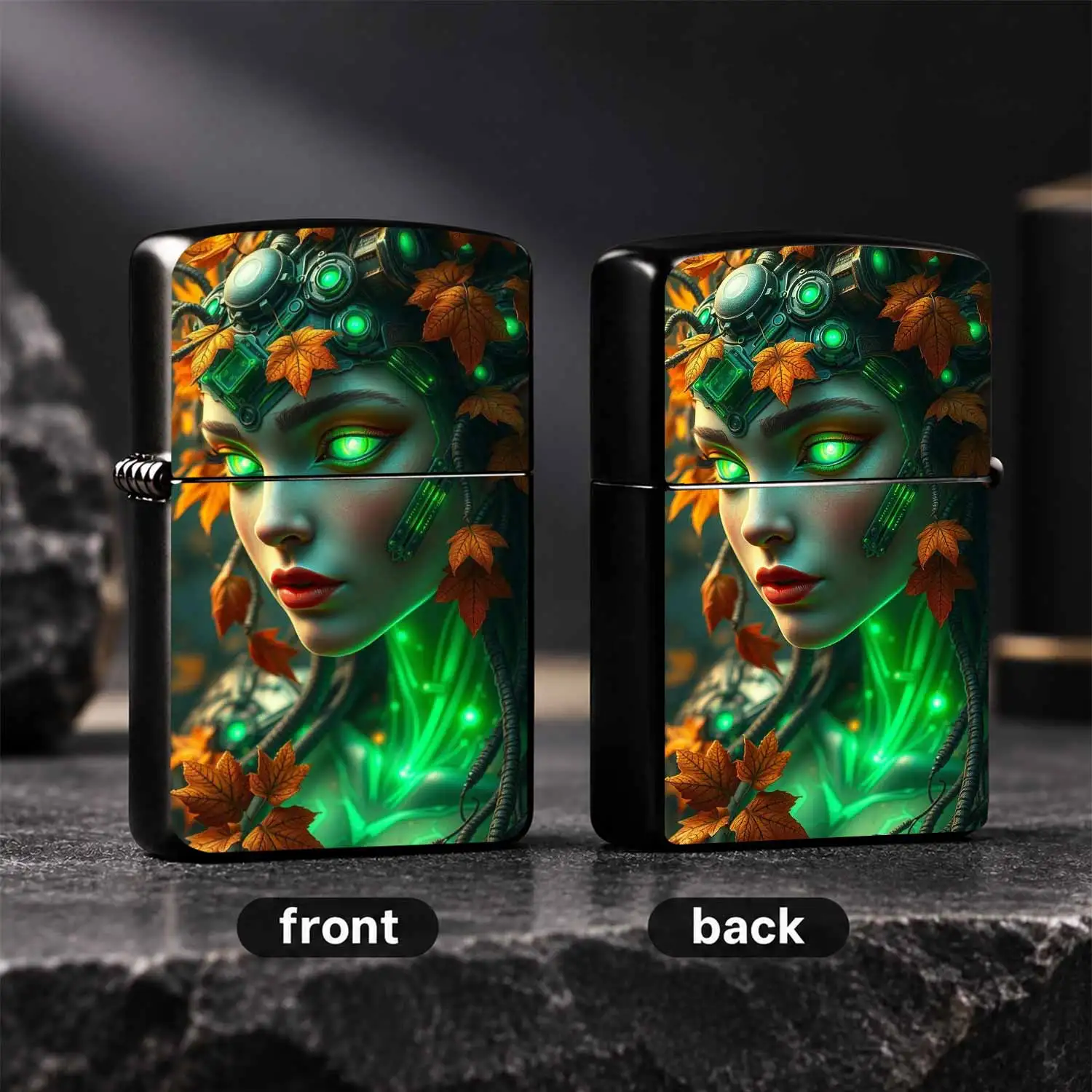 Cyber Autumn Botanical Goddess Themed Lighter, Cool Fluorescent Green Mechanical Artistic Unique Portable Item, Vibe Distinct Decorative Gift, Suitable For Daily Outdoor Gathering Multi Scenarios, Exquisite Print Durable Trendy Individual C
