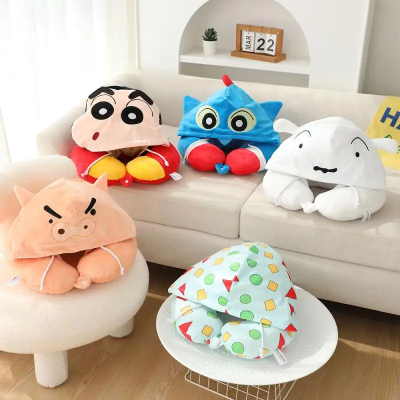 Almohada de cuello con capucha de crayón de dibujos animados, almohada de cuello portátil Kawaii para viaje y coche, bonita almohada en forma de U para siesta en la oficina, regalo