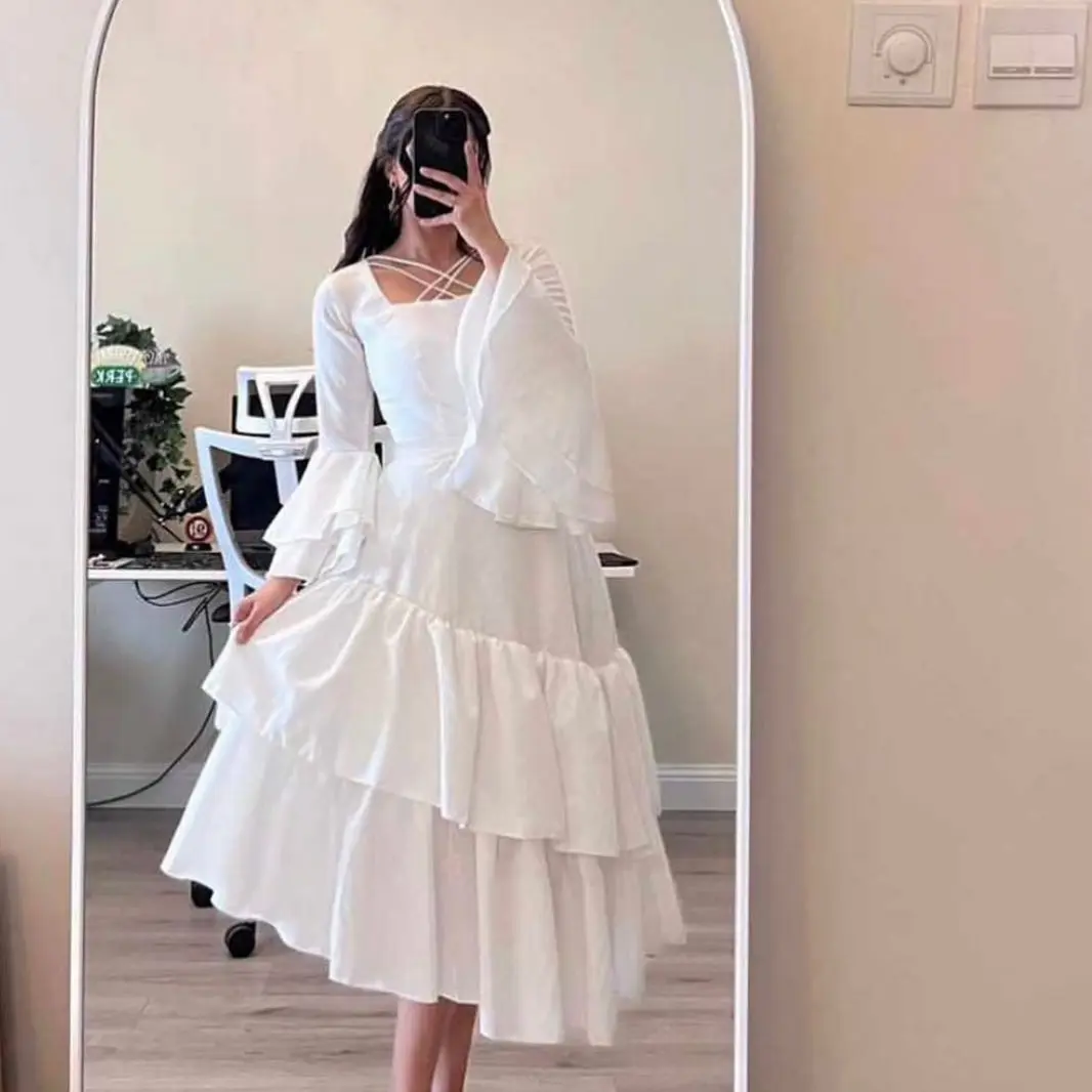 

Cenove Long Sleeves A-Line Evening Gown Formal Princess Square Collar Bubble Prom White New Party Dresses for Women 2023