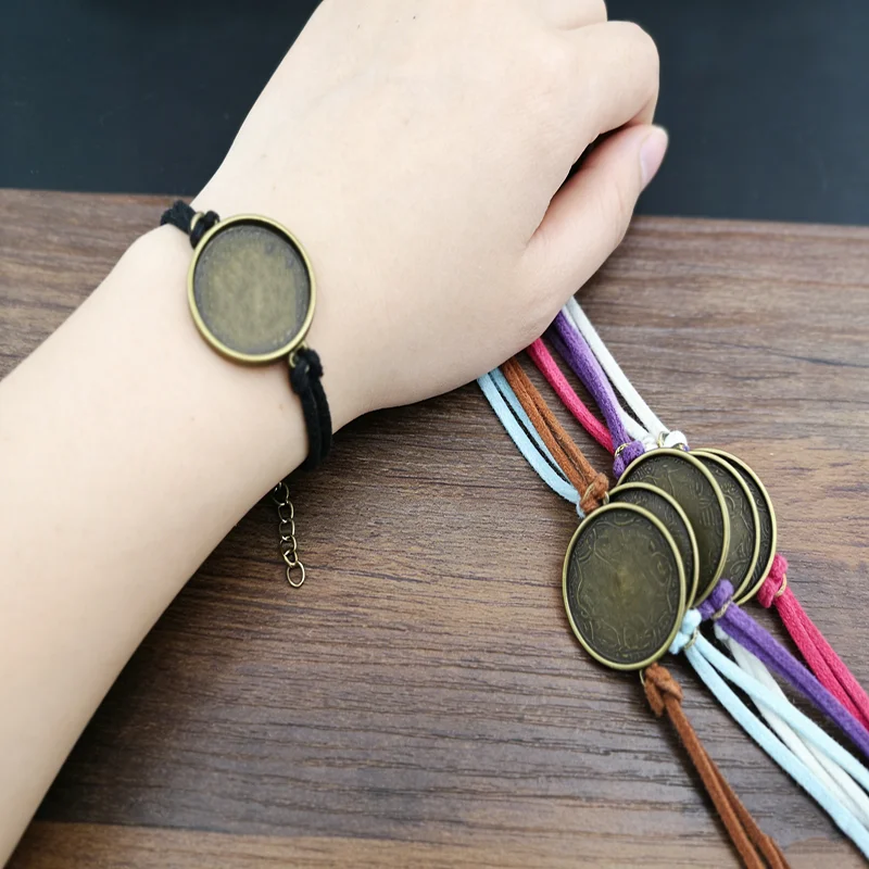 10PCS Suede Cord Handmade Bracelet Blank Setting 25mm Round Cabochon Bangle Jewelry Bezel Base DIY Jewelry Findings