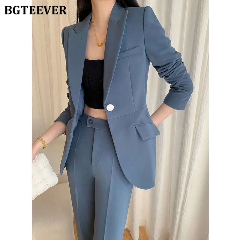 BGTEEVER 세련된 루즈핏 여성 바지 정장 긴 소매 싱글 버튼 블레이저 & 플레어 정장 바지 여성 2피스 세트