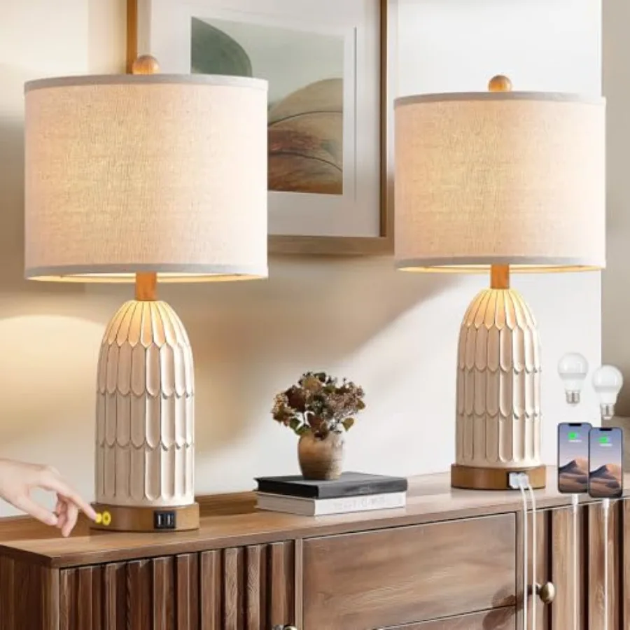 

Boho Table Lamps Set of 2, Farmhouse 3-Way Dimmable Touch Nightstand Lamp with 2 USB Charging Ports, White Vintage Bedside Lamp