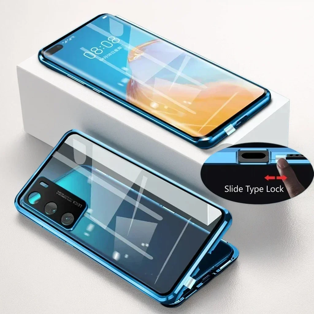 

Full Protection Metal Magnetic Double Sided Glass with Snap Lock Phone Case for Redmi 14C 4G 5G Note13ProPlus 14 15 Cover Cases