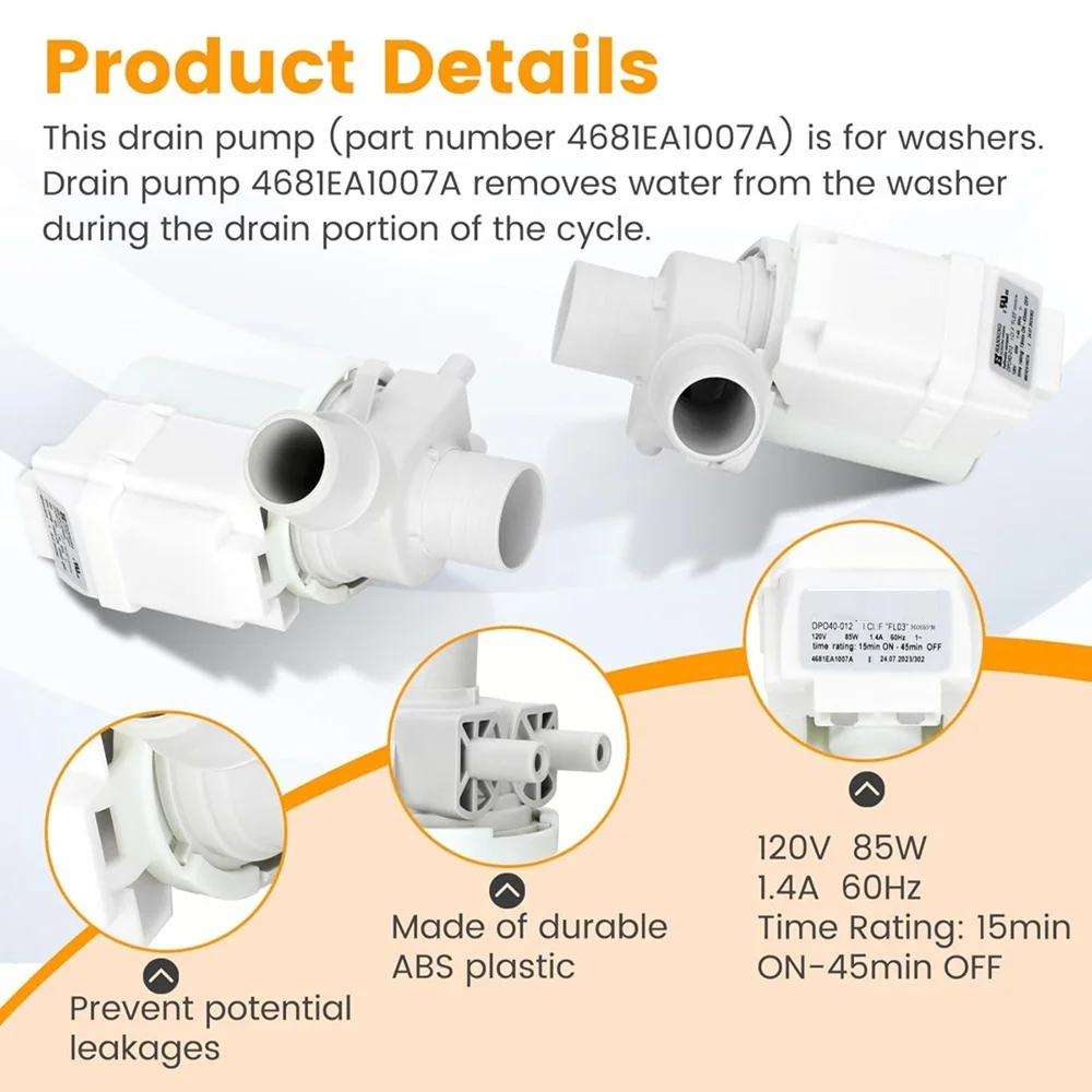 DP040-012 4681EA1007A 2649379 Washer Drain Pump Compatible with lg WT1201CV WT1201CW WT4870CW WT1501CW, kenmore 796.31513210