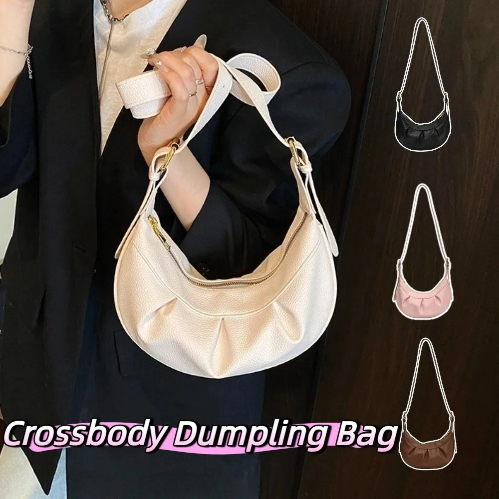 Korean Style Pleated Crossbody Bag Lightweight Solid Color PU Dumpling Bag Handbag Soft Leather Underarm Shoulder Bag Streetwear