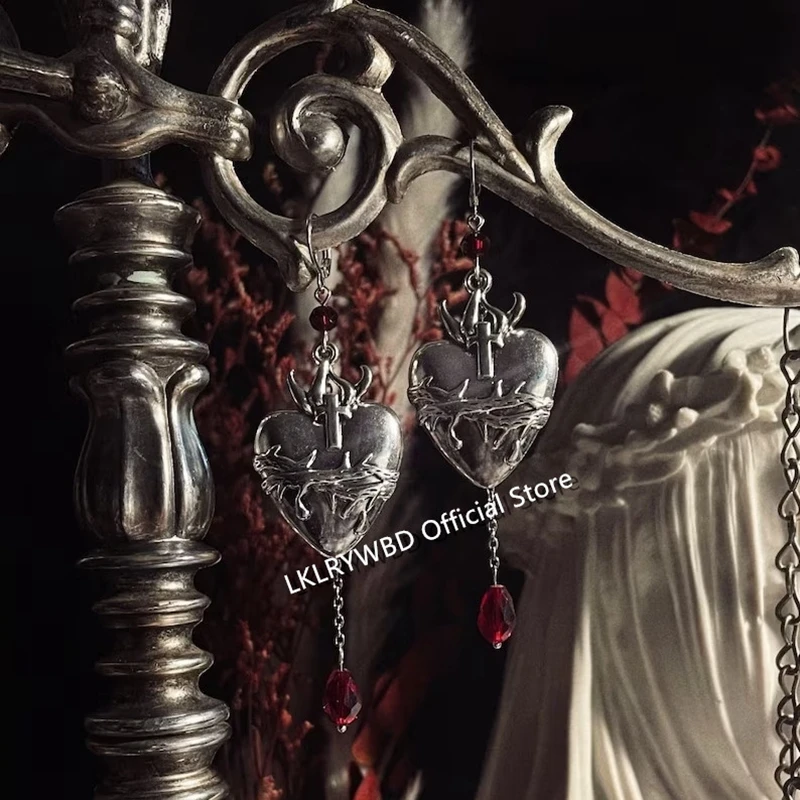 The Sacred Heart - Dangly Earrings - Chain - Layered - Beaded - Red - Silver - Crucifix - Gothic-Witchy-Edgy-Thorns-Flames-Holy