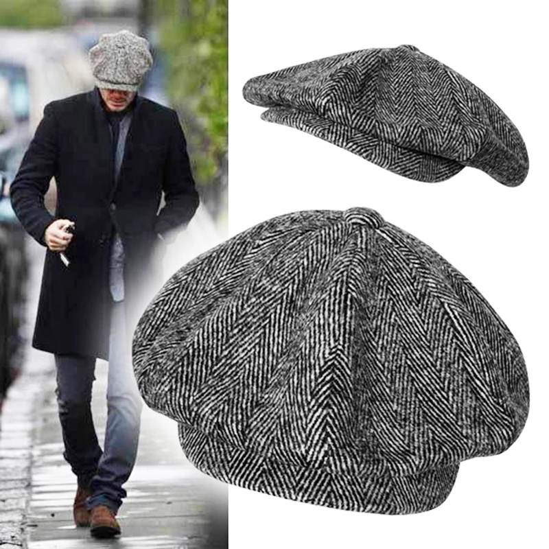 Men's Ladies Newsboy Hat Gray Herringbone Flat Hat Autumn And Winter British Painter Soft Octagonal Hat Beret Wholesale